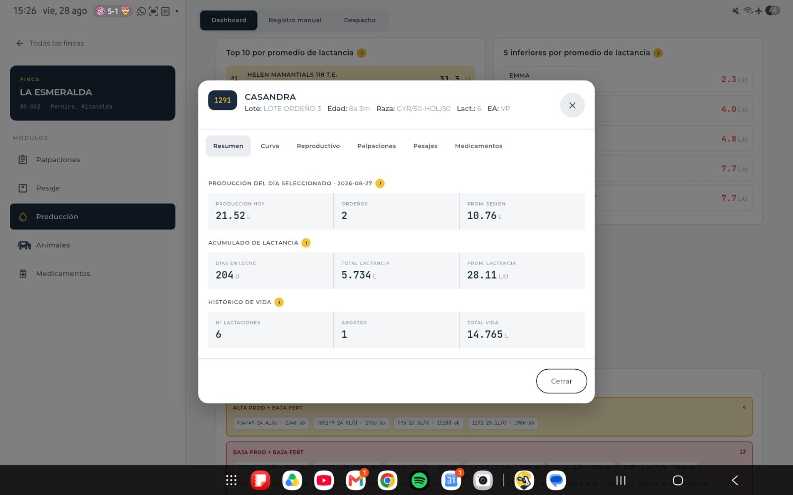CowApp en la tablet: perfil de un animal con su producción y acumulado de lactancia
